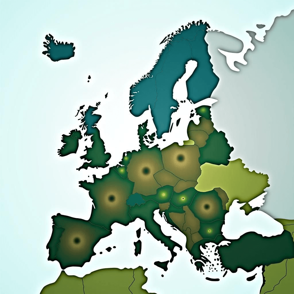 Aerogeneradores e paneles solares, y una infraestructura energética europea mapeada.