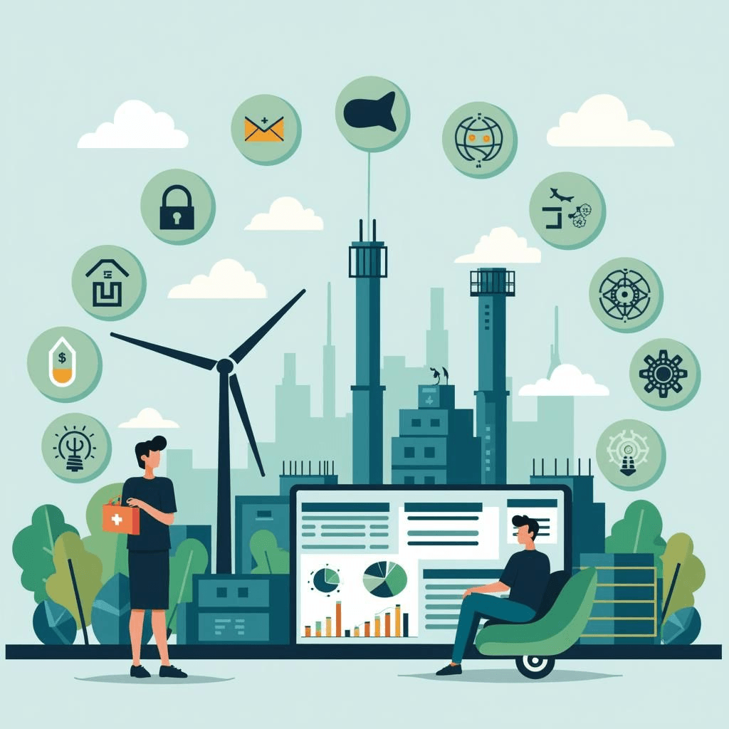 Gráficos de precios de energía y crecimiento económico, con maquinaria industrial