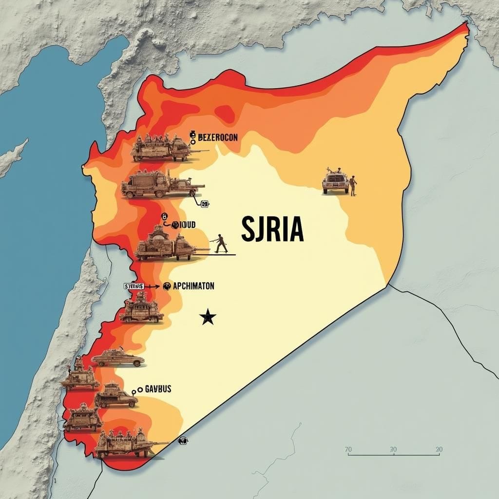 Carte montrant les rebelles avançant vers Homs, Syrie.
