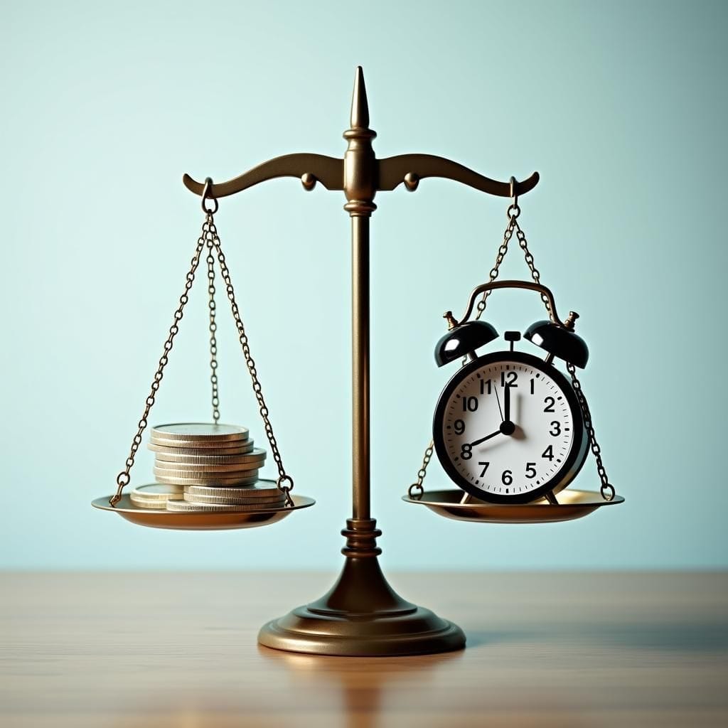 Une balance à sa limite avec une horloge qui tictaque.