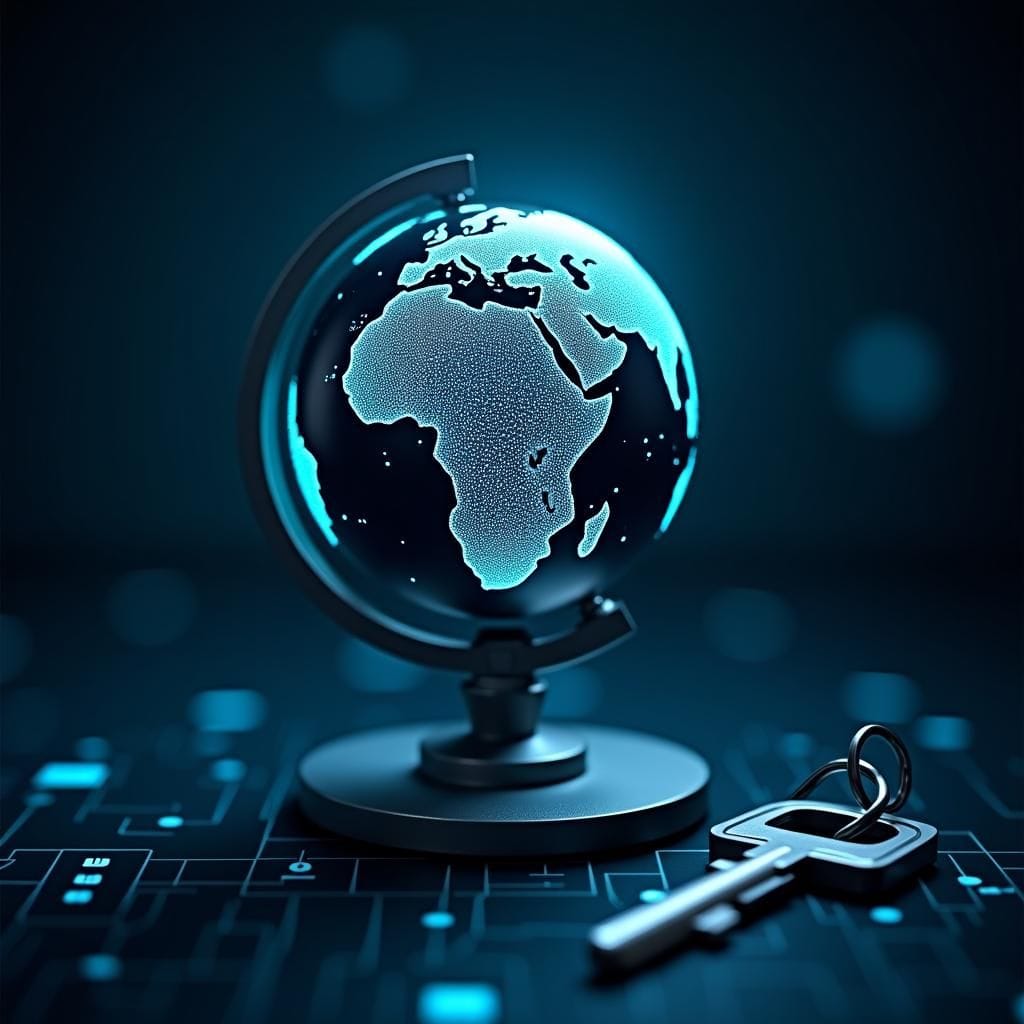 A globe highlighting Africa, a key, and a computer.