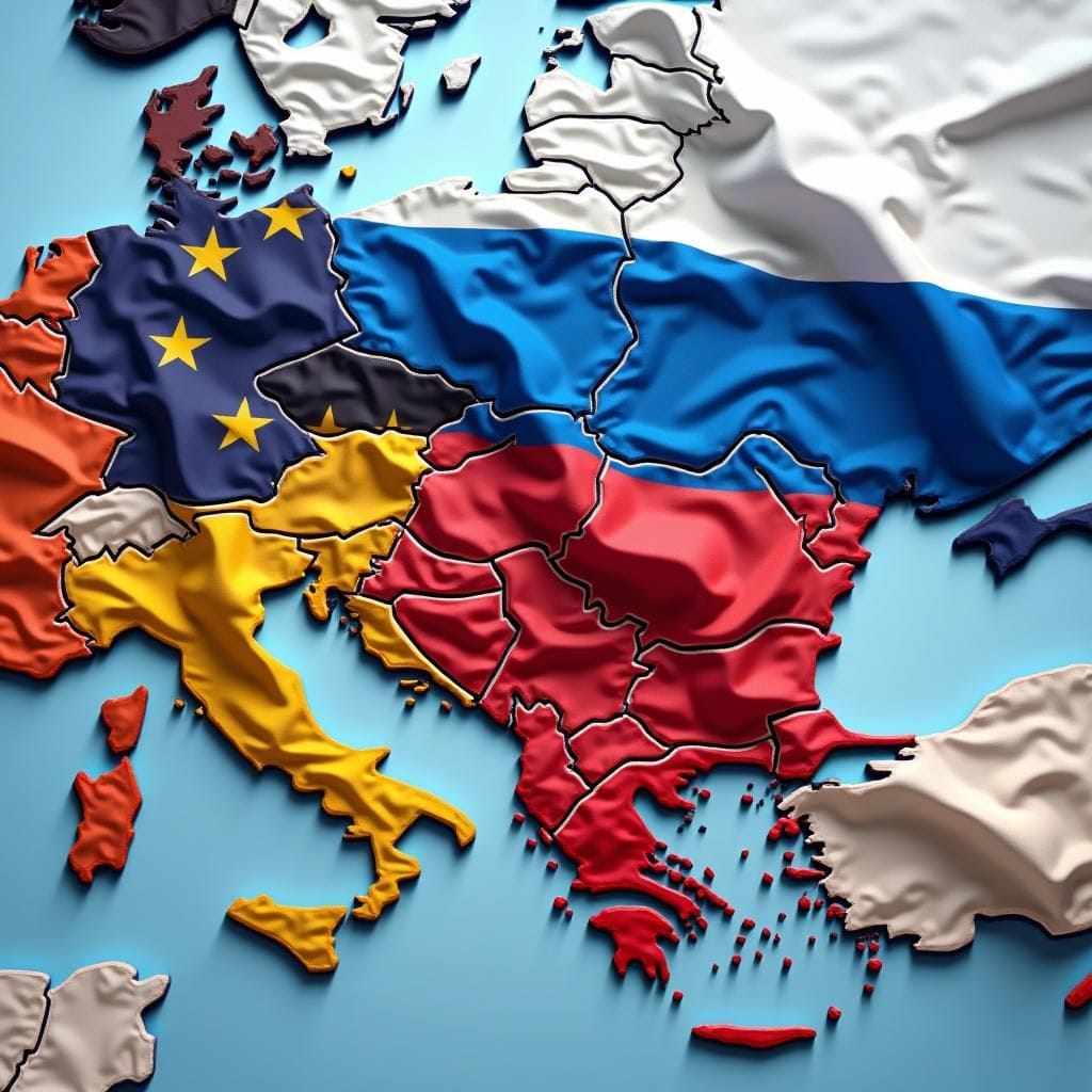 Reuniones geopolíticas: UE, Rusia, Estados Unidos, banderas, mapas de áreas de