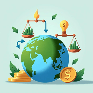 Un globo con flechas de flujo financiero, una balanza con monedas