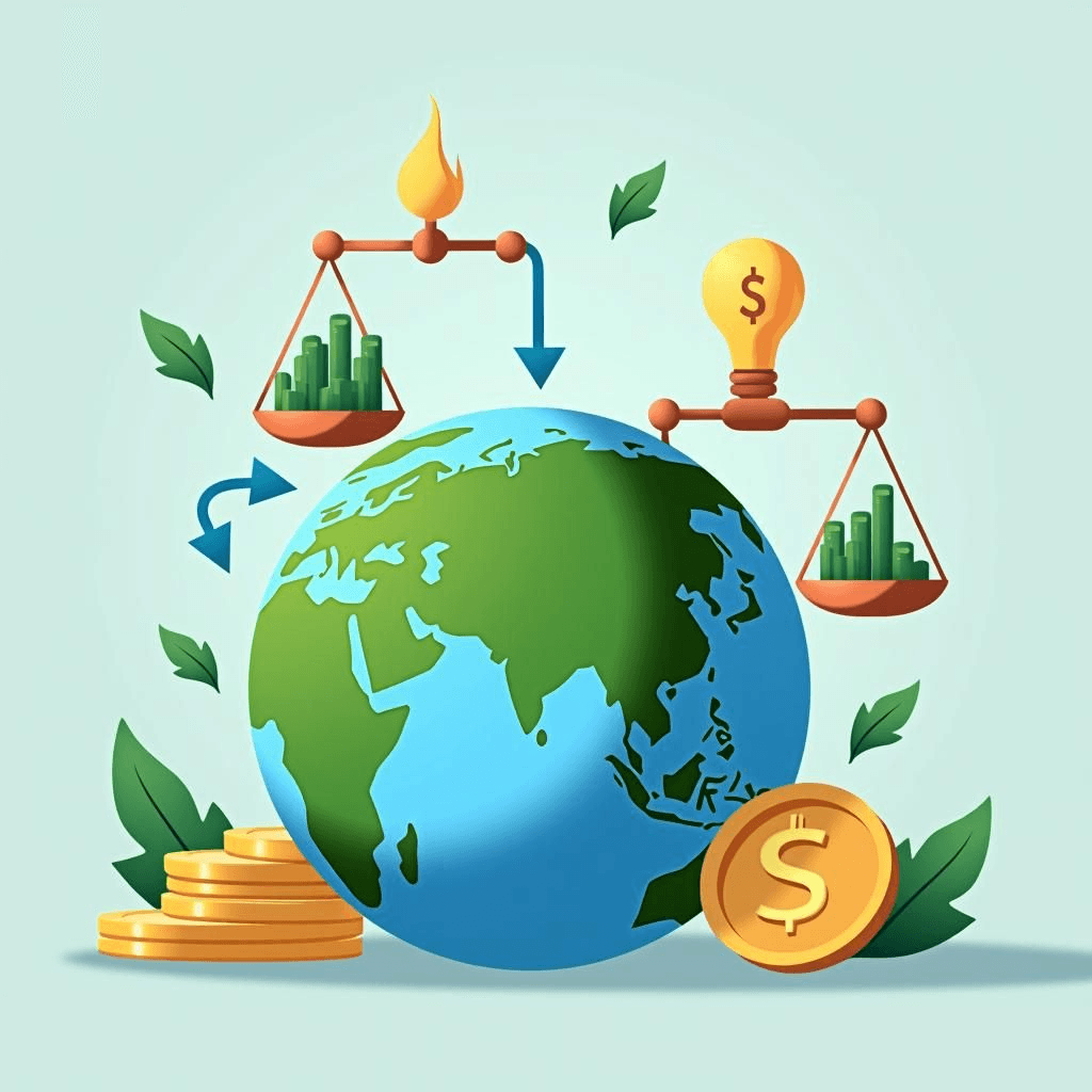 Un globo con flechas de flujo financiero, una balanza con monedas