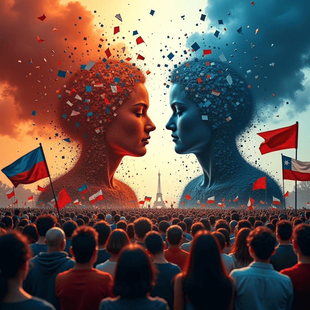 Shattered political spectrum, divided parties, polarized crowds with contrasting flags