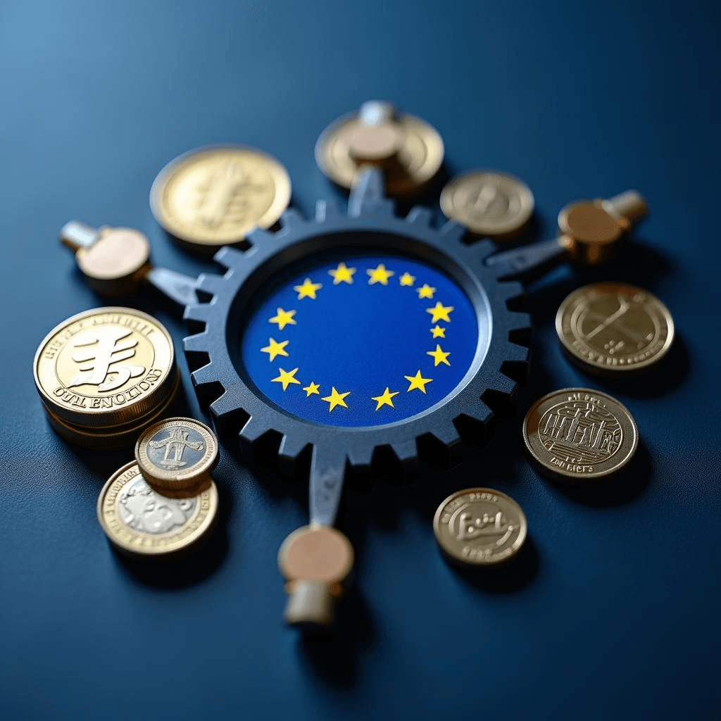 Eurobonos y engranajes entrelazados bajo la bandera de la UE