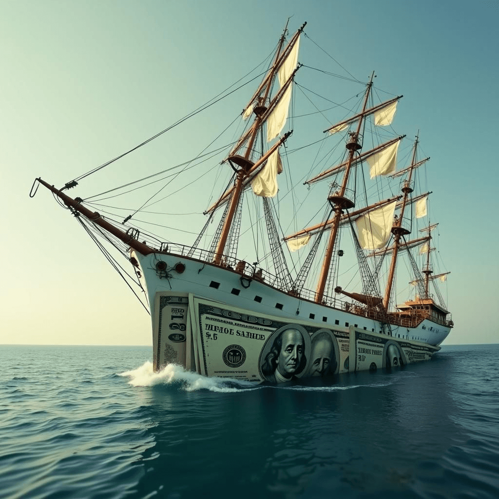 Aranceles y billetes de dólar cerca de un barco que se hunde