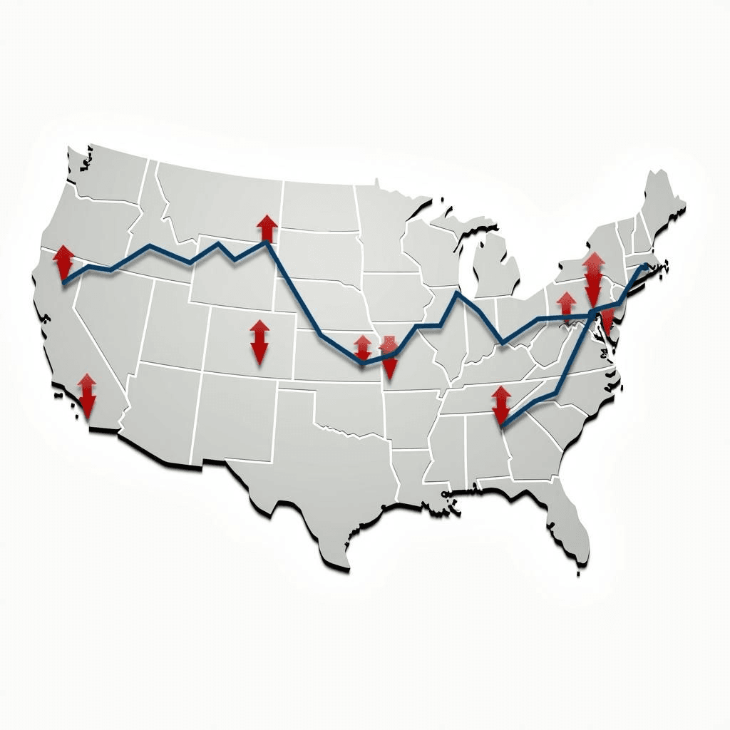 Carte montre une diminution de la migration interétatique aux États-Unis, avec graphique illustrant