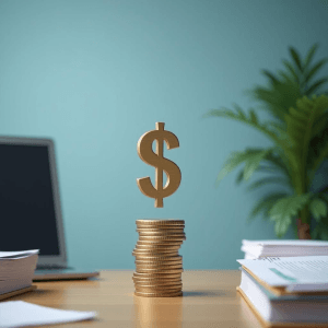Un signo de dólar, un escritorio vacío y libros de presupuesto en un