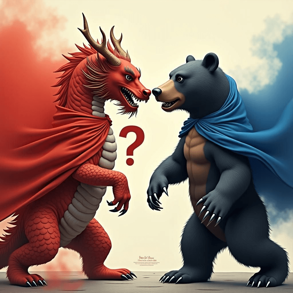 Un dragón chino velado enfrenta a un oso ruso interrogador.