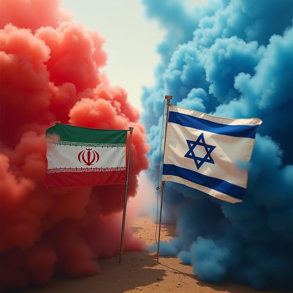 Installazioni nucleari, schermi fumogeni, bandiere contrastanti di Iran e Israele.