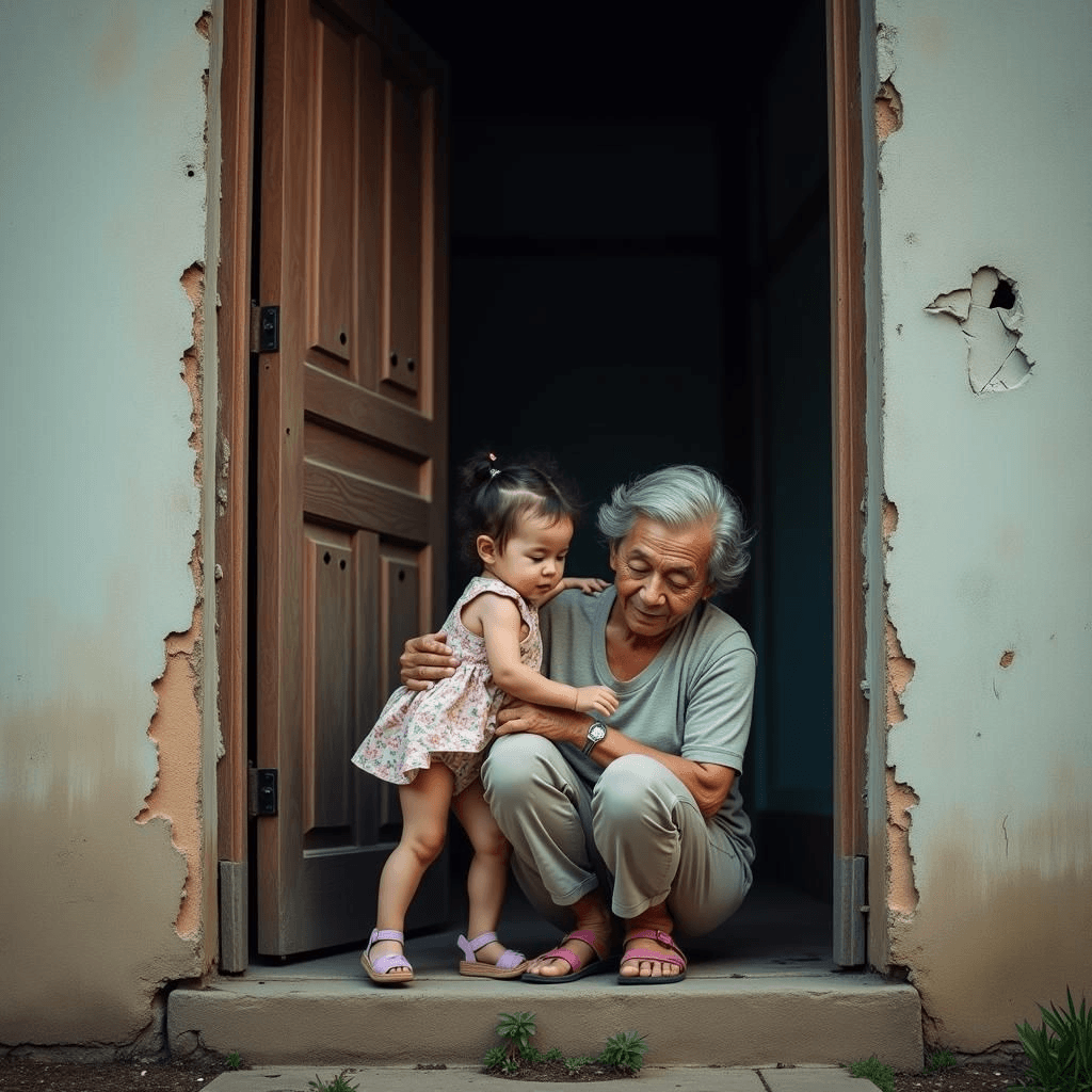 Un abuelo consuela a un niño cerca de una puerta agrietada