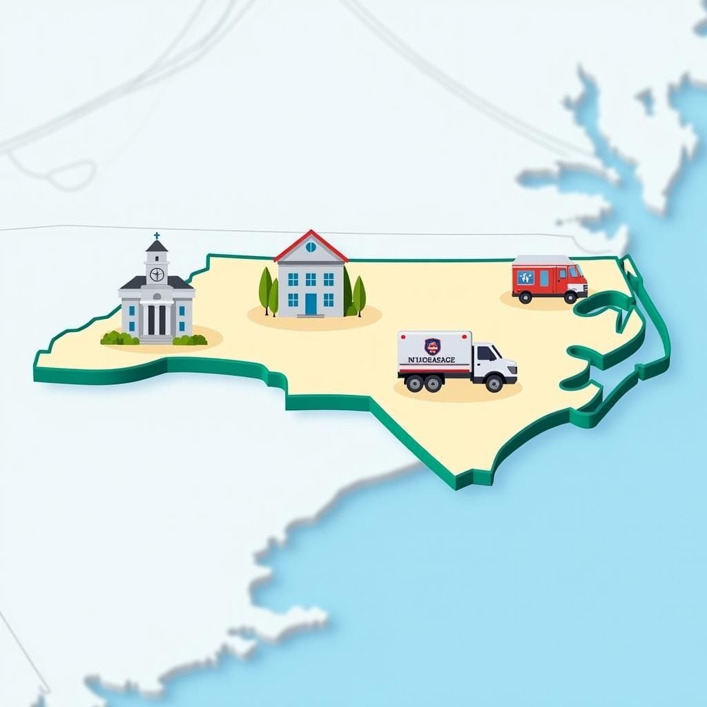 Mapa de Canton y Fuerte Viejo, NC, mostrando edificios gubernamentales