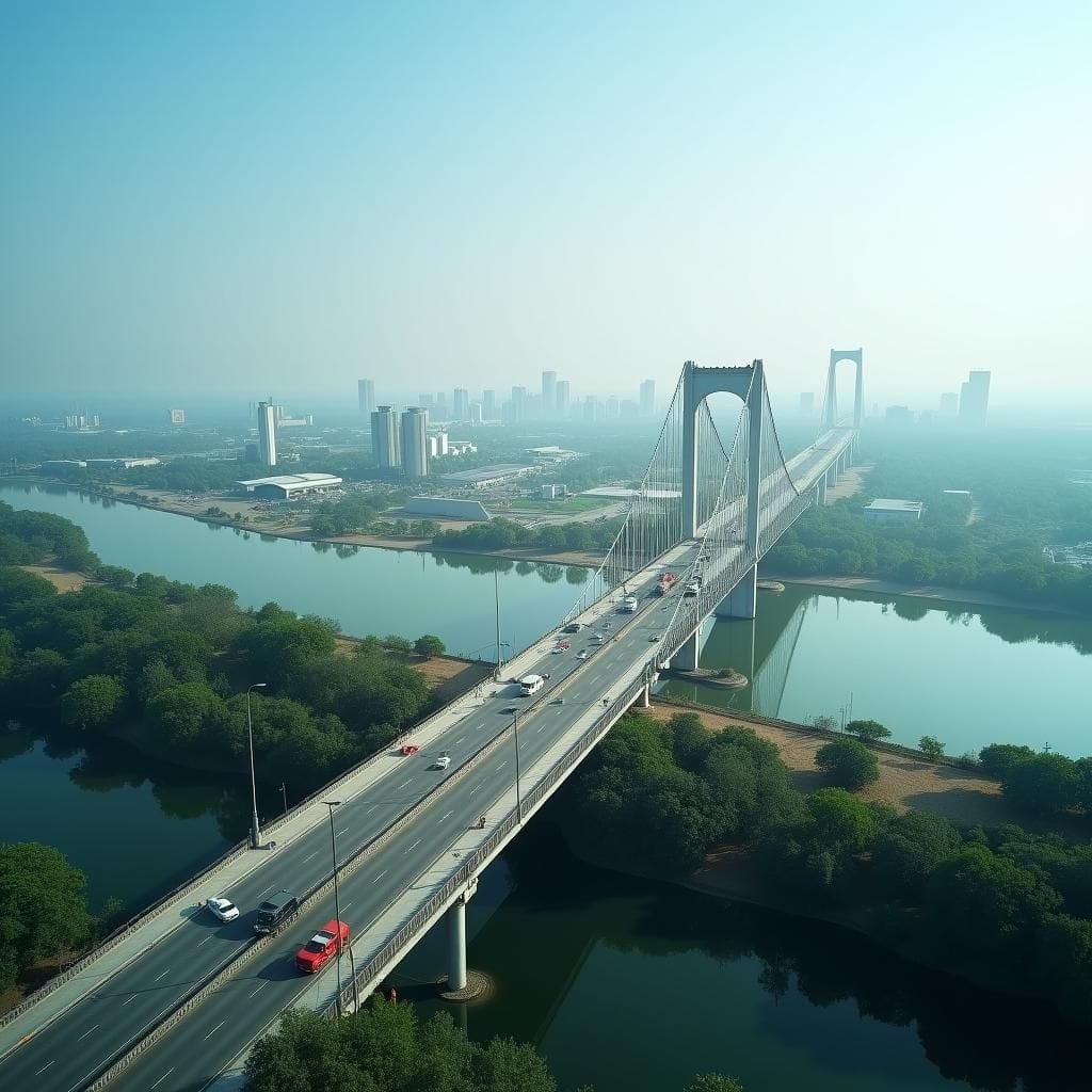 Ponti, autostrade, ferrovie e zone industriali in costruzione.