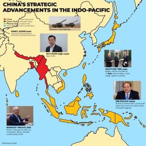 Mapa del Indo-Pacífico con reclamaciones territoriales chinas, ejercicios militares y ejercicios
