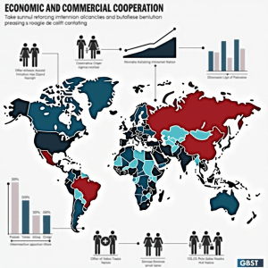 Estadísticas comerciales de intercambio, delegaciones, rutas comerciales globales visualizadas.