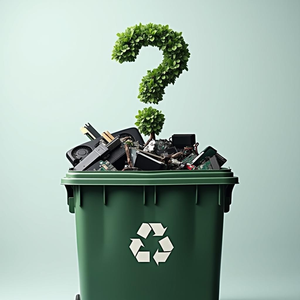 Un contenedor de basura desbordado de dispositivos electrónicos y una pregunta