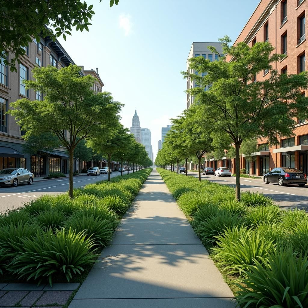 Espaces verts urbains : bioswales, parcs, arbres de rue