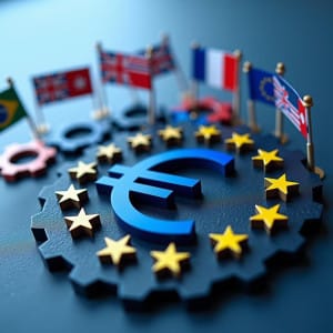 Engranajes, símbolo del euro y múltiples banderas europeas entrelazadas.