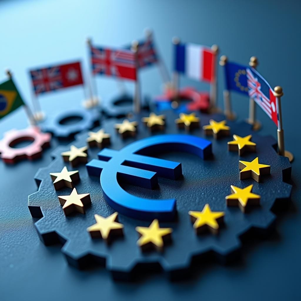 Engranajes, símbolo del euro y múltiples banderas europeas entrelazadas.