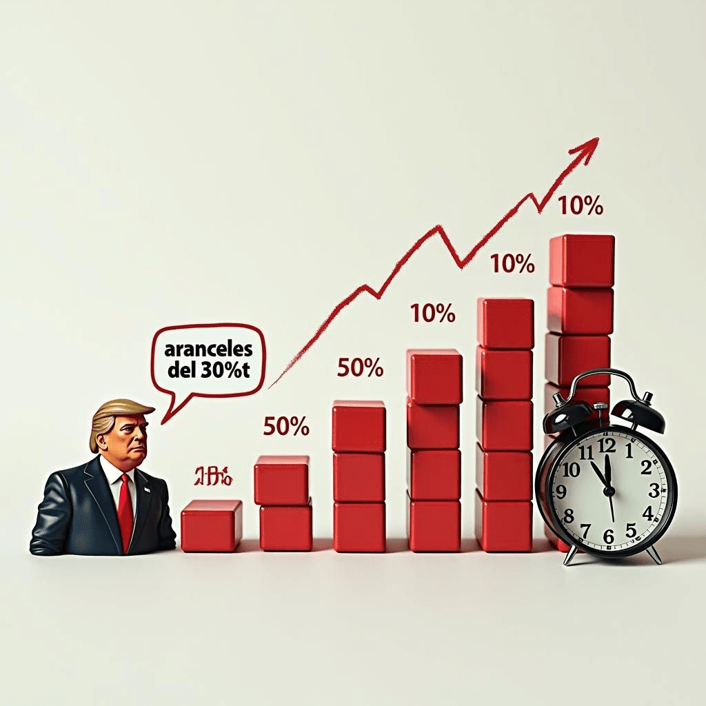Gráfico de tarifas fluctuantes, imagen de Trump con la cita del 30% de tarifas