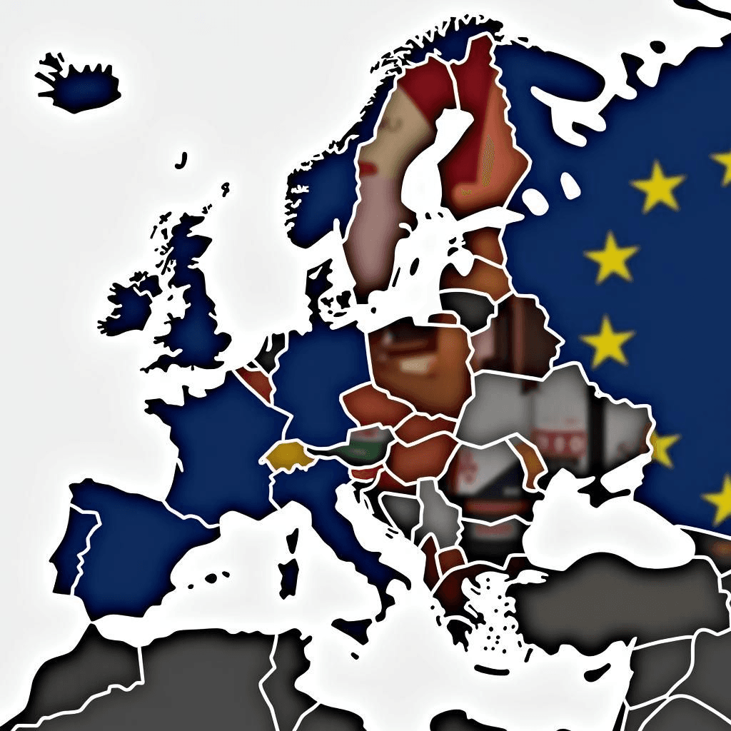 Mapa de Europa, dividido bandera de la UE, productos diversos (coche, vino, farmacéuticos)