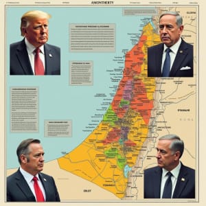 Líderes mundiales, mapas y documentos diplomáticos que muestran tensiones en Gaza.