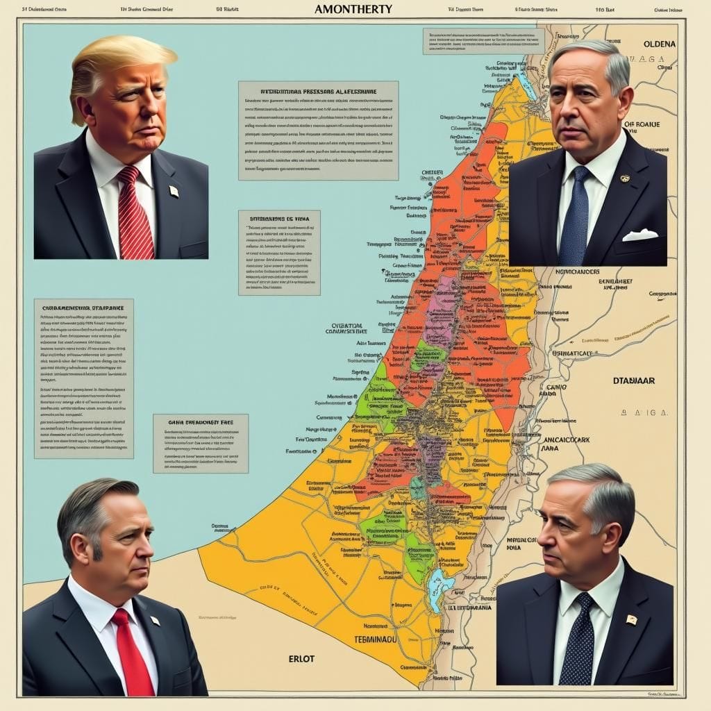 Líderes mundiales, mapas y documentos diplomáticos que muestran tensiones en Gaza.