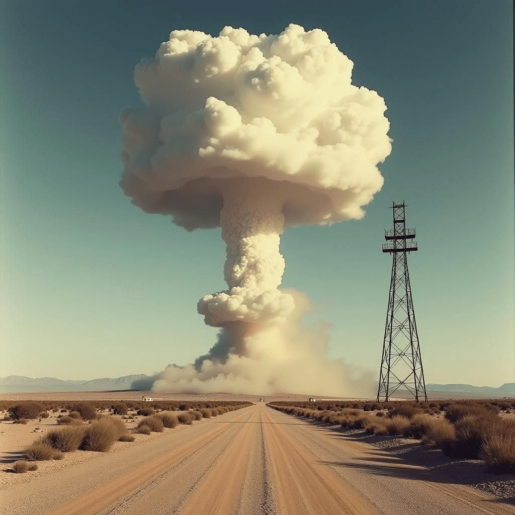 Una nube en forma de hongo se eleva desde una torre de acero en un