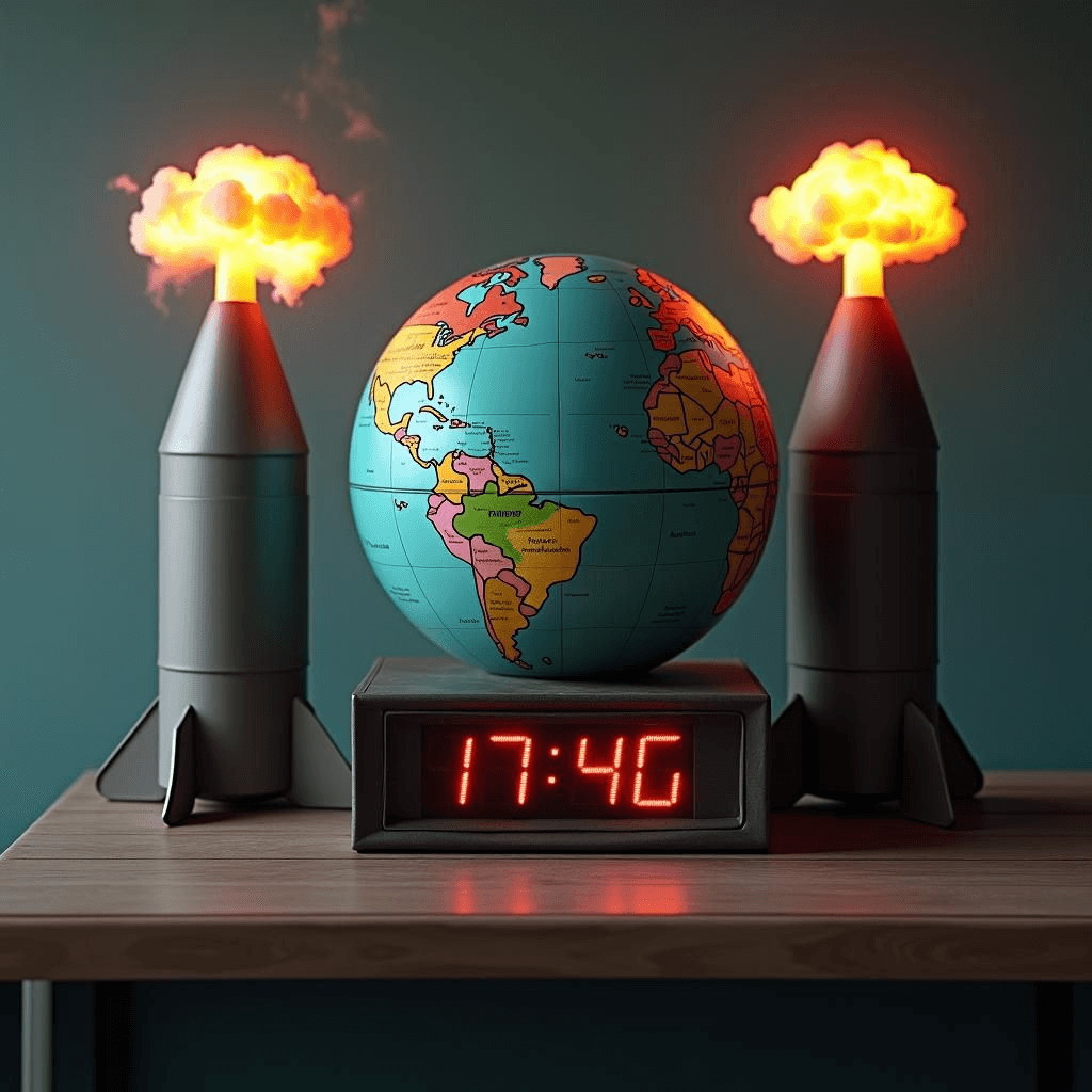 Dos cabezas nucleares, un globo terráqueo y un reloj de cuenta regresiva.