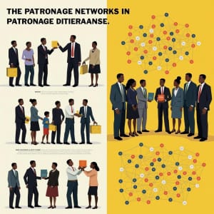 Líderes políticos distribuyendo recursos en Ghana, ilustrando redes de patrocinio.