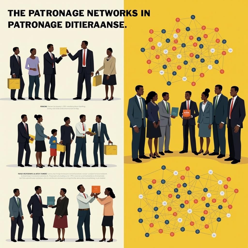 Líderes políticos distribuyendo recursos en Ghana, ilustrando redes de patrocinio.
