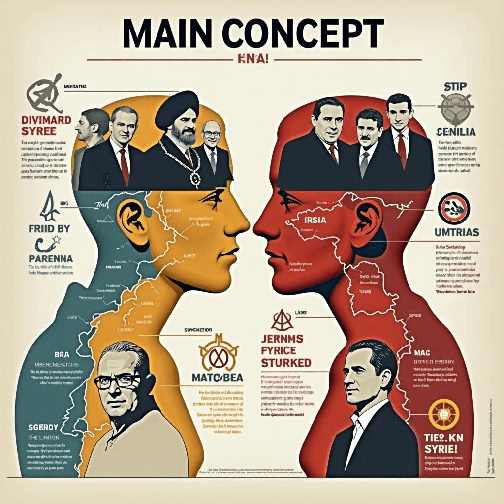 Chefs druse, cartes, et symboles politiques montrant des opinions divisées.