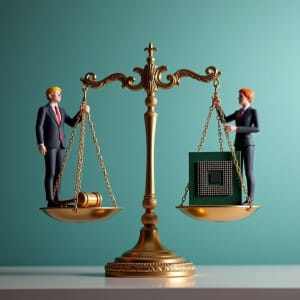Figura política equilibrando ley y desarrollo de la inteligencia artificial.