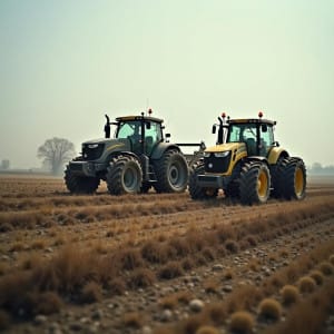 Granjeros ucranios con detectores metálicos en campos agrícolas minados, dañados