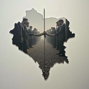 Políticos en un mapa dividido de Bosnia cerca de un memorial del genocidio.