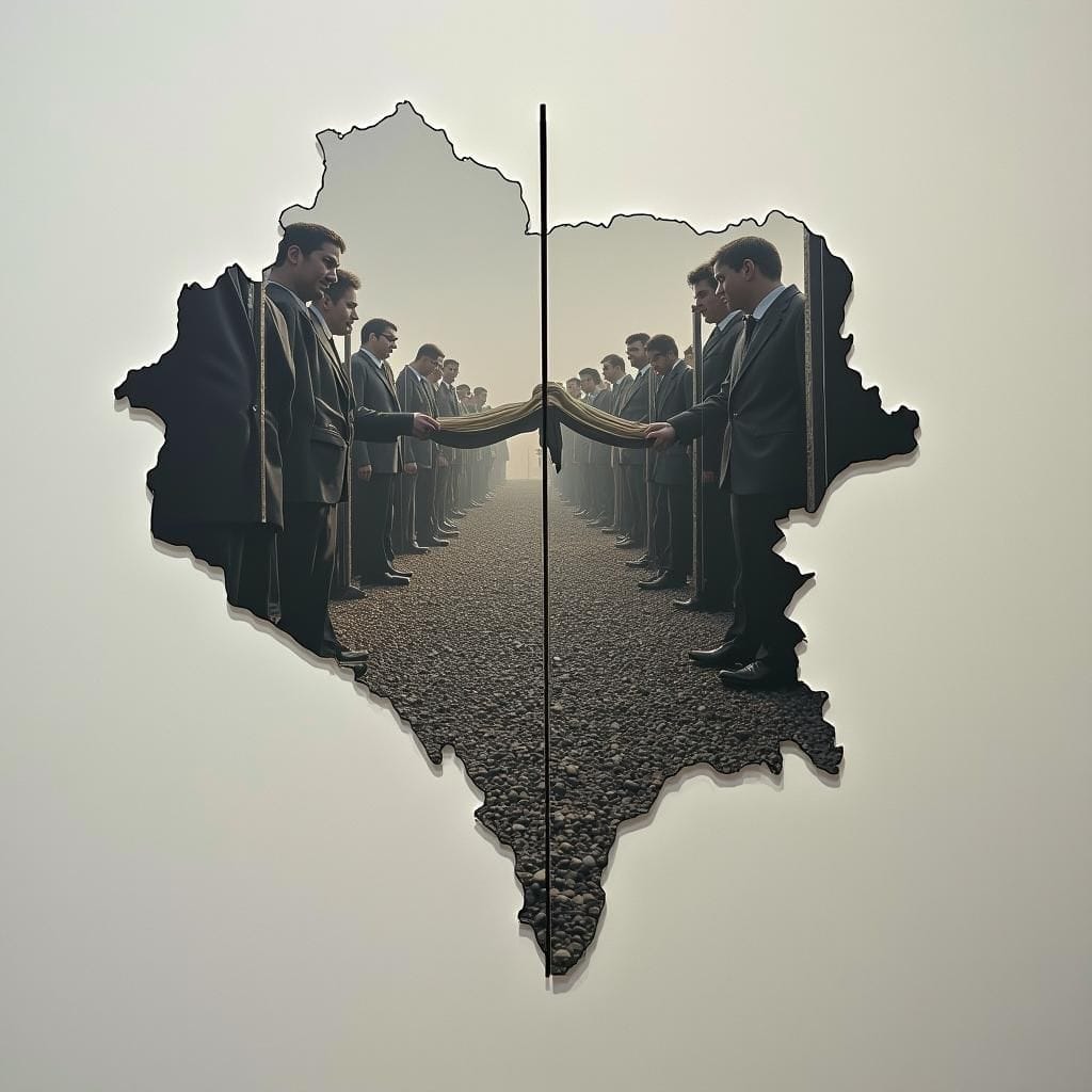 Politicians at a divided Bosnia map near a genocide memorial.