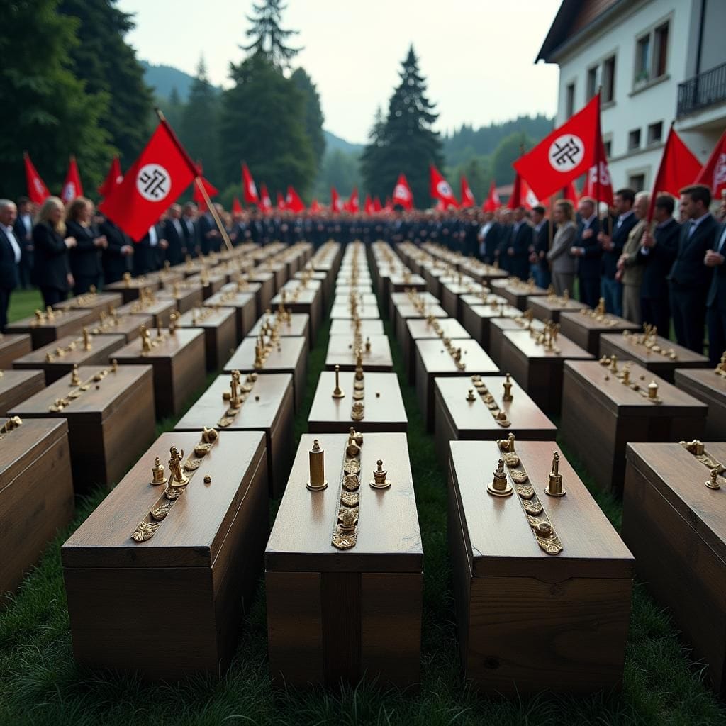 Coffins of identified victims with a flag bearing a crossed-out