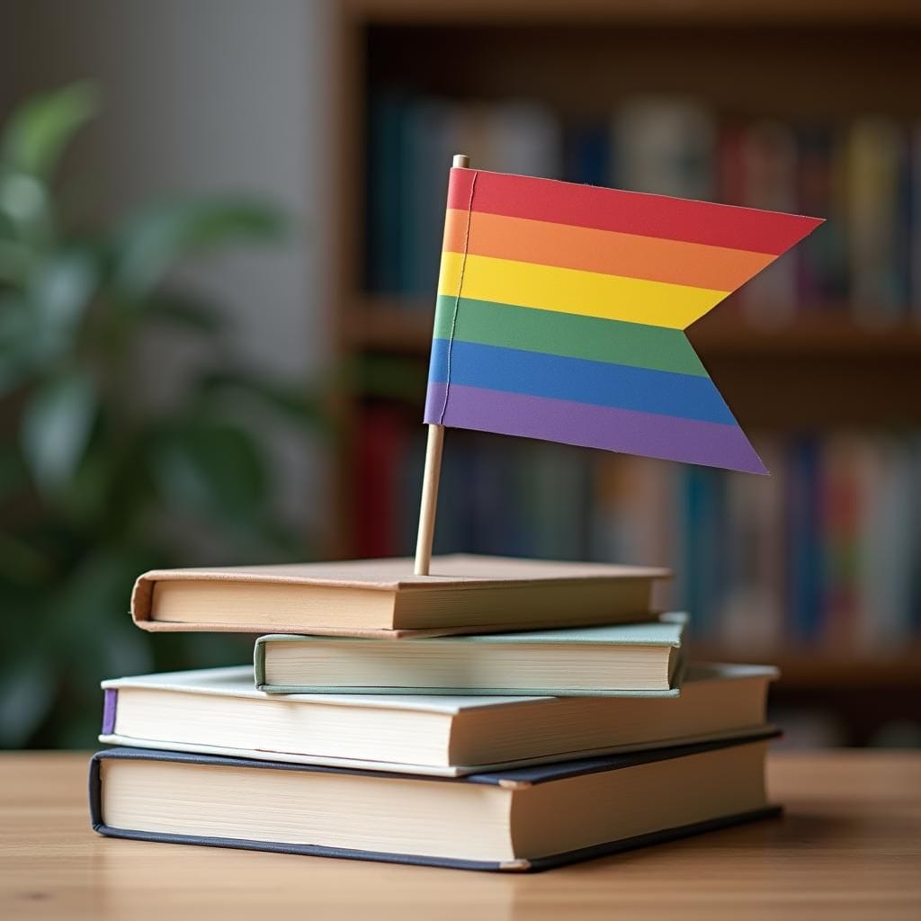 Livres, drapeau arc-en-ciel et photo parent-enfant sur la table