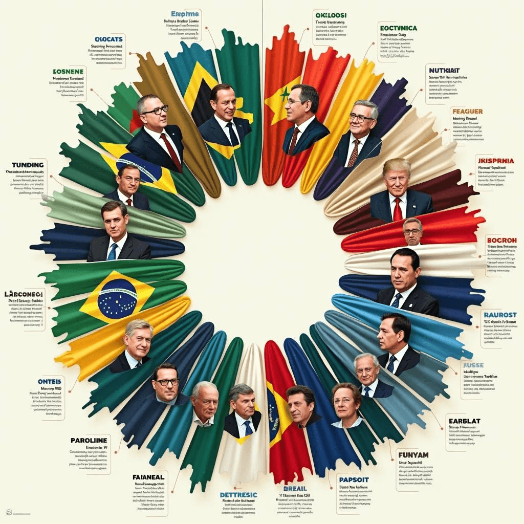 BRICS leaders, diplomatic relations diagrams, flags of member nations.