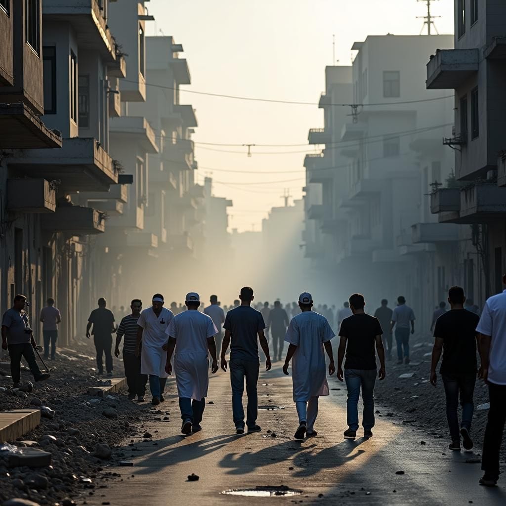 Destrucción en Gaza, ayuda médica, civiles esperando en línea