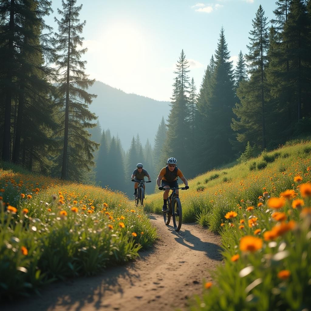 Vélos tout-terrain, randonneurs profitant des sentiers de loisirs en plein air.
