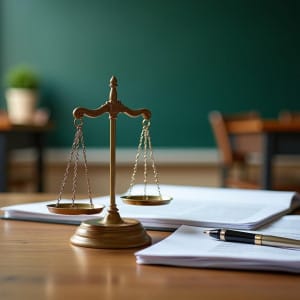 Una balanza, un pupitre escolar y documentos legales en una