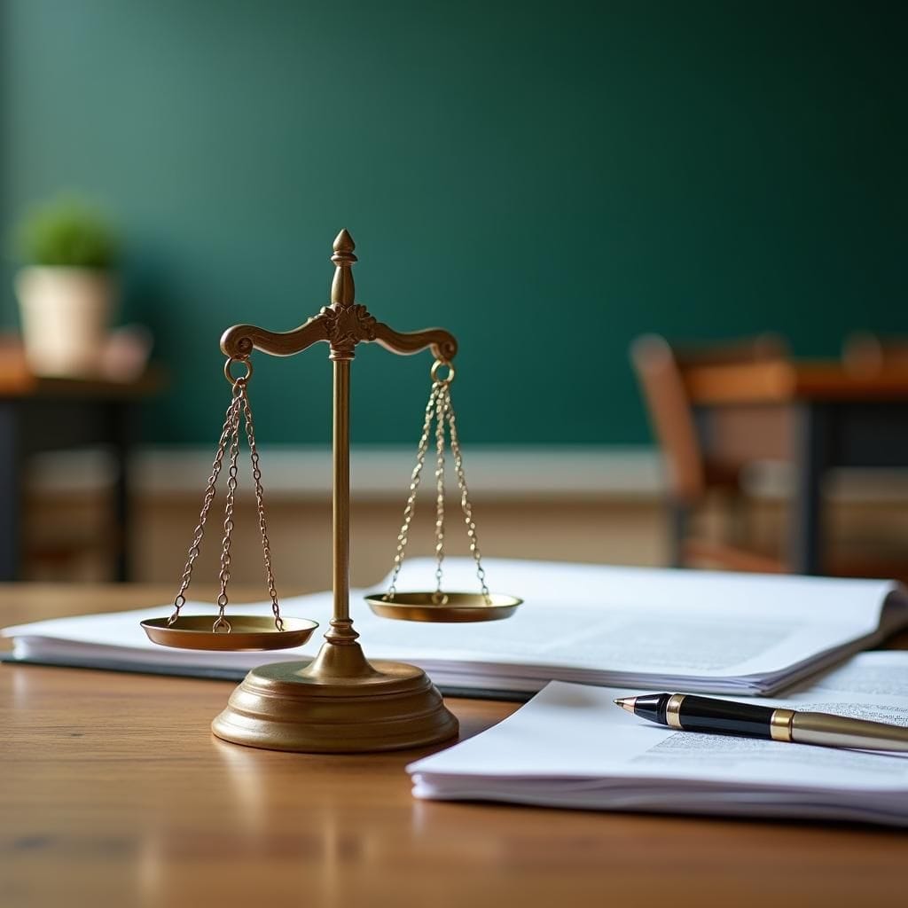 Bilancia, banco scolastico e documenti legali su un