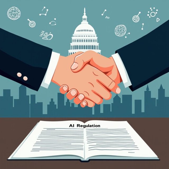 Dos manos estrechando sobre el documento de regulación de IA con iconos de fondo.