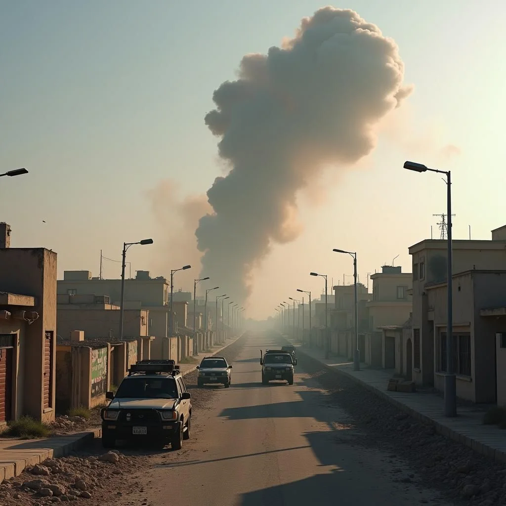 Edificios bombardeados y humo asciende en Gaza City con militares.