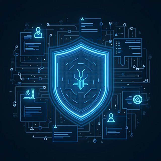 Un escudo con símbolos digitales y lista de verificación de defensa cibernética.