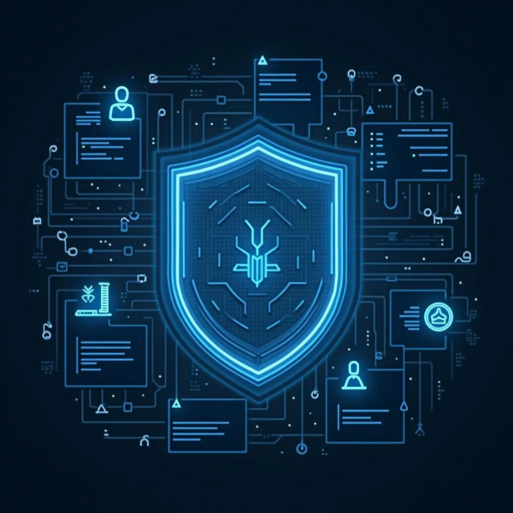 Un bouclier avec des symboles numériques et un checklist de défense informatique.