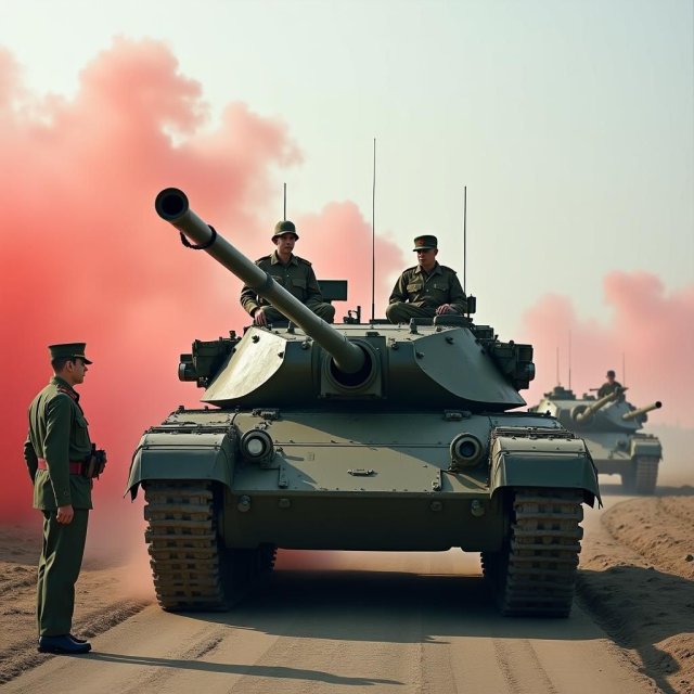 Tanques y veteranos de la Segunda Guerra Mundial en contexto histórico posbélico.