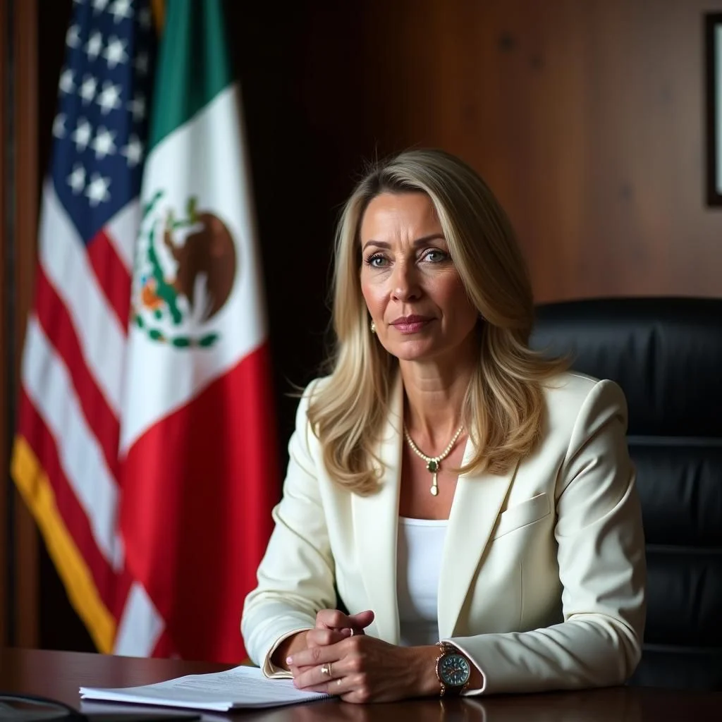 La présidente mexicaine Claudia Sheinbaum tient des documents d'évidence près du drapeau.